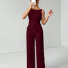 Burgundy Sleeveless Button Vest & Wide-Leg Trousers Co-ords Set Front View For Women | Littlebox India