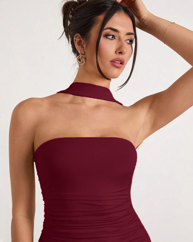 Strapless burgundy bodycon dress featuring a chic choker neck and a flattering full-length fit for effortless style