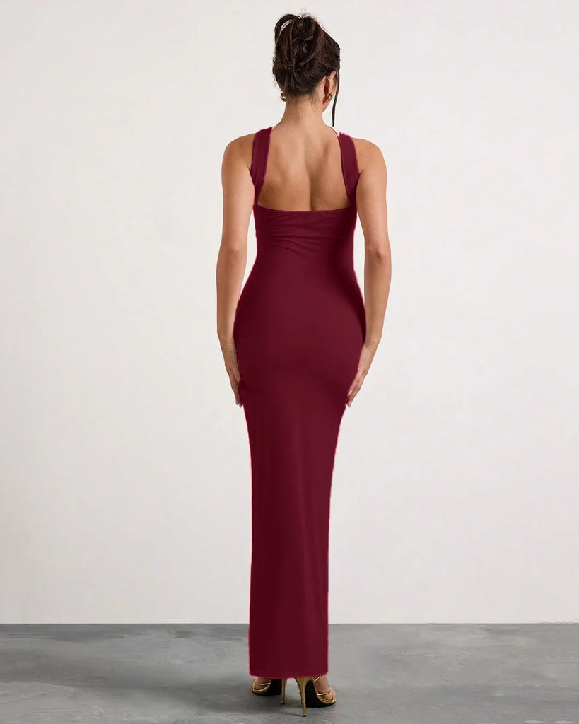 Back view of a Strapless burgundy bodycon dress featuring a chic choker neck and a flattering full-length fit for effortless style