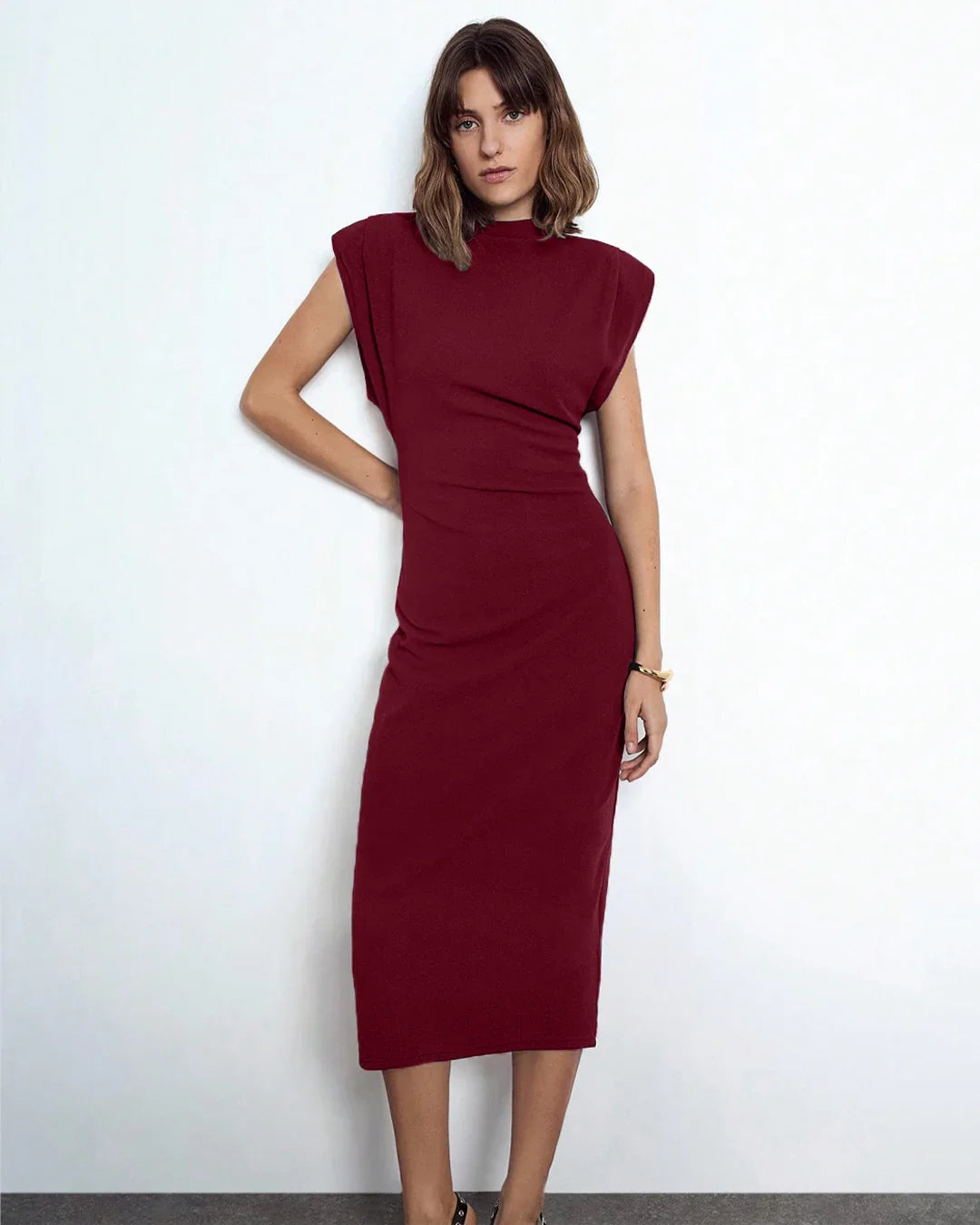 structured burgundy dress Shoulder Bodycon Midi Train Style:Built In 4-5ft Train (Pictured) shoulder neckline and intricate NEW ARRIVALS COLLECTION 26 Sharp and Stylish