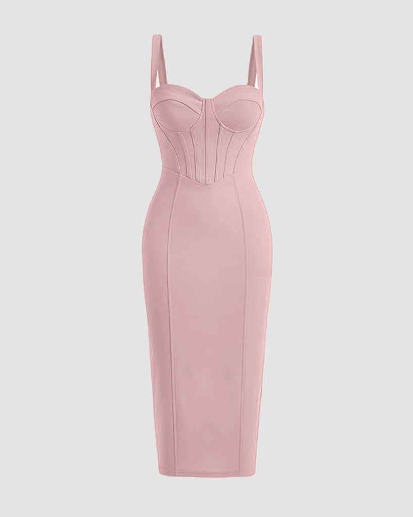 Dusty pink bodycon midi dress with spaghetti straps and a corset-style bustier, designed with stitched panel lines for a chic look.