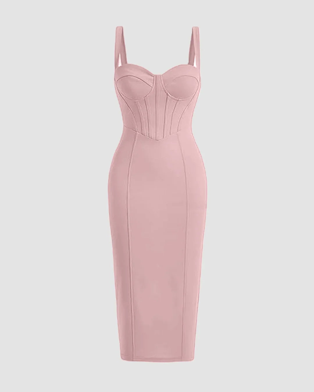 Bustier Bodycon Spaghetti Strap Midi Dress in Dusty Pink