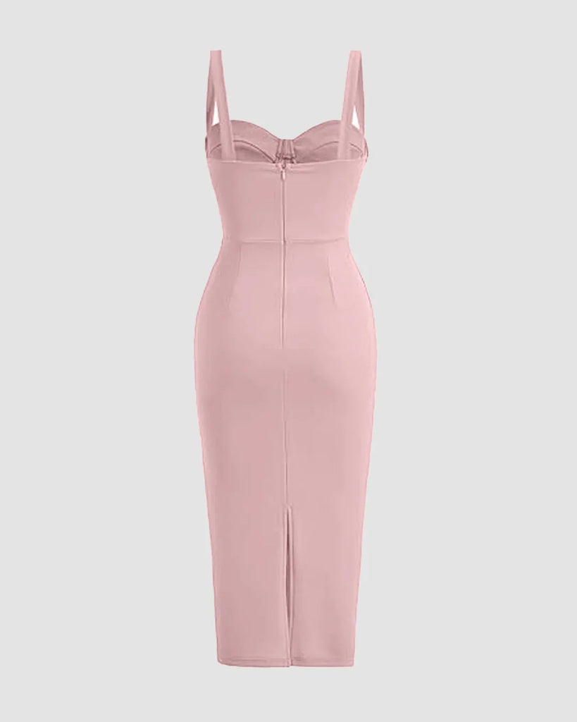 Dusty pink bodycon midi dress with spaghetti straps and a corset-style bustier, designed with stitched panel lines for a chic look.