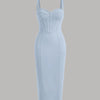 Ice blue midi dress with a structured corset bodice, spaghetti straps, and vertical panel detailing for a flattering fit.