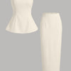 Front view of beige crop top and skirt set for women with bustier top and midi pencil skirt, featuring a fitted silhouette and clean minimal look