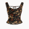 Butterfly Floral Cowl Neck Ruched Mesh Top Curve And Plus in Soft Black Front View for Women | Littlebox India