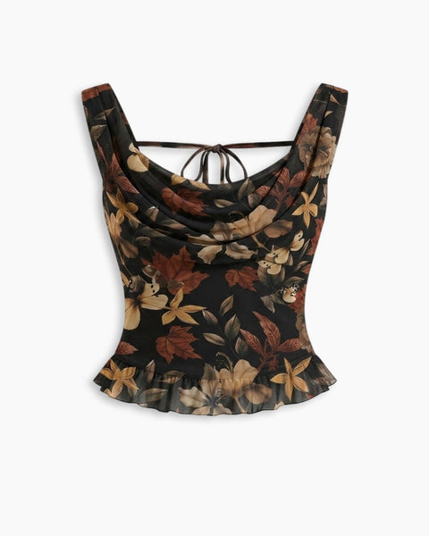 Butterfly Floral Cowl Neck Ruched Mesh Top Curve And Plus in Soft Black Front View for Women | Littlebox India