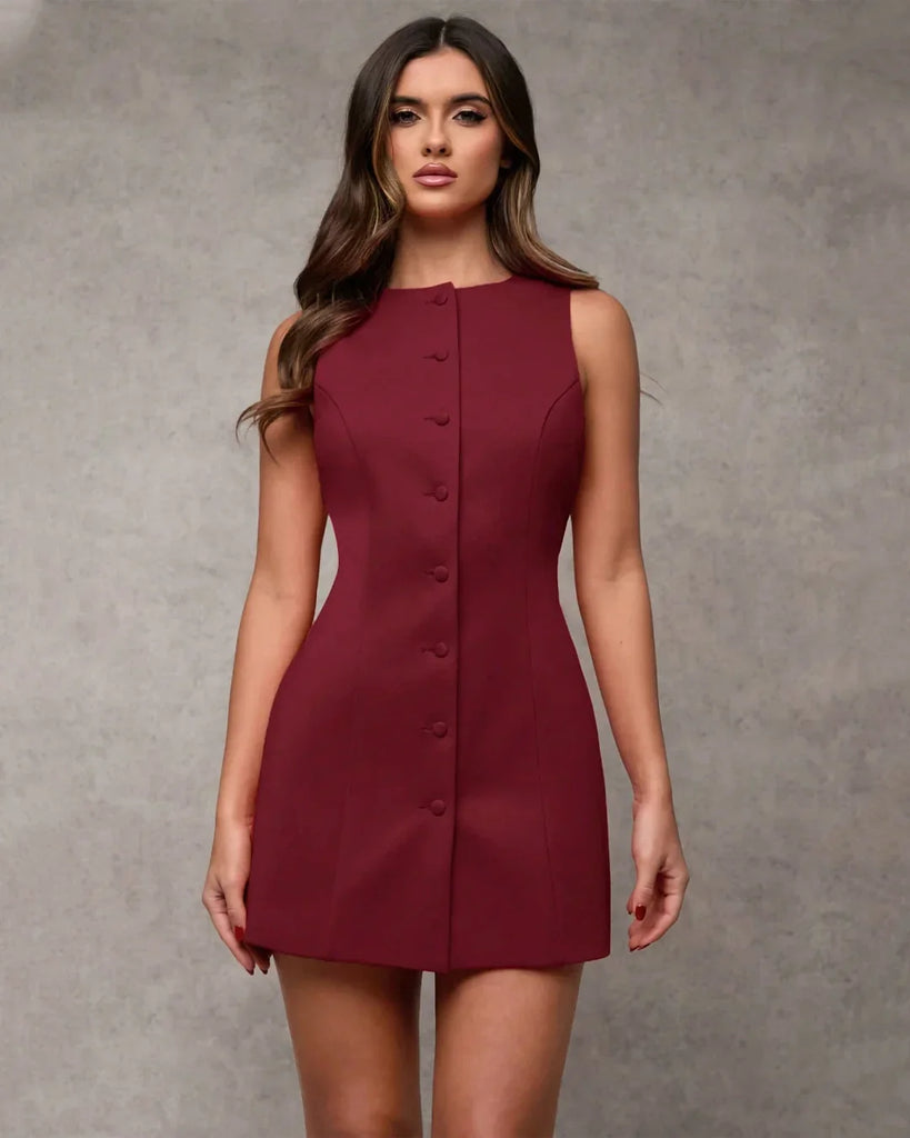 Burgundy button-front sleeveless bodycon mini dress, ideal for a stylish night out.