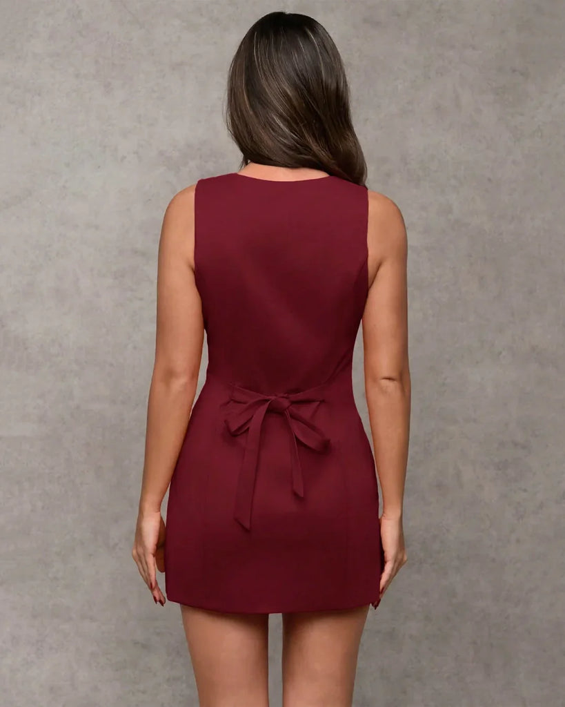 Back view of a Burgundy button-front sleeveless bodycon mini dress, ideal for a stylish night out.