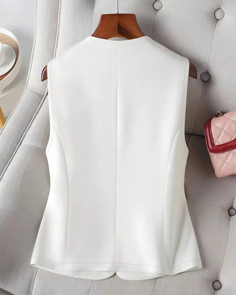 Back view of a tailored white sleeveless blazer with buttons down the front, designed for a polished and sophisticated look.