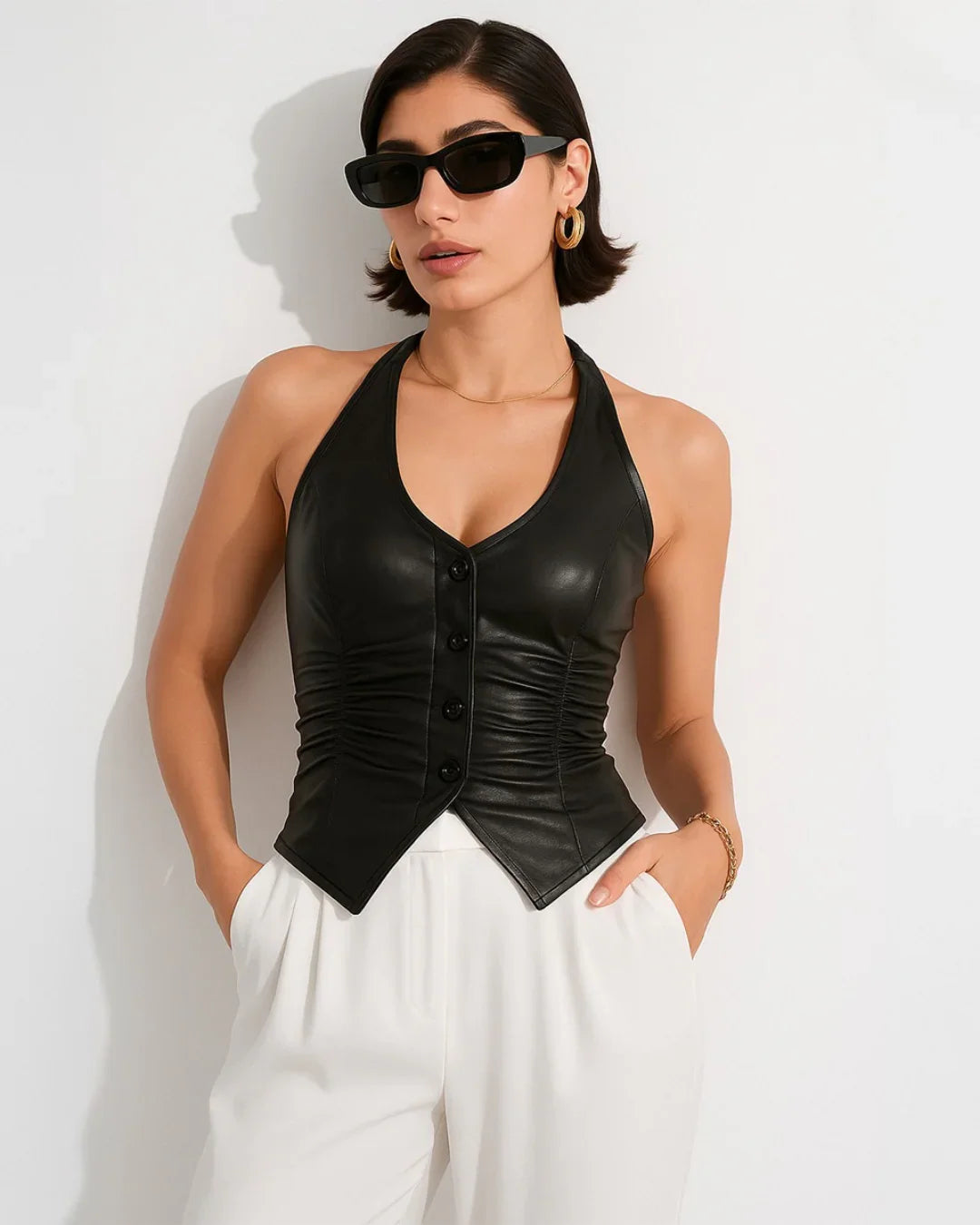 Button Front Backless Halter Black Corset Top