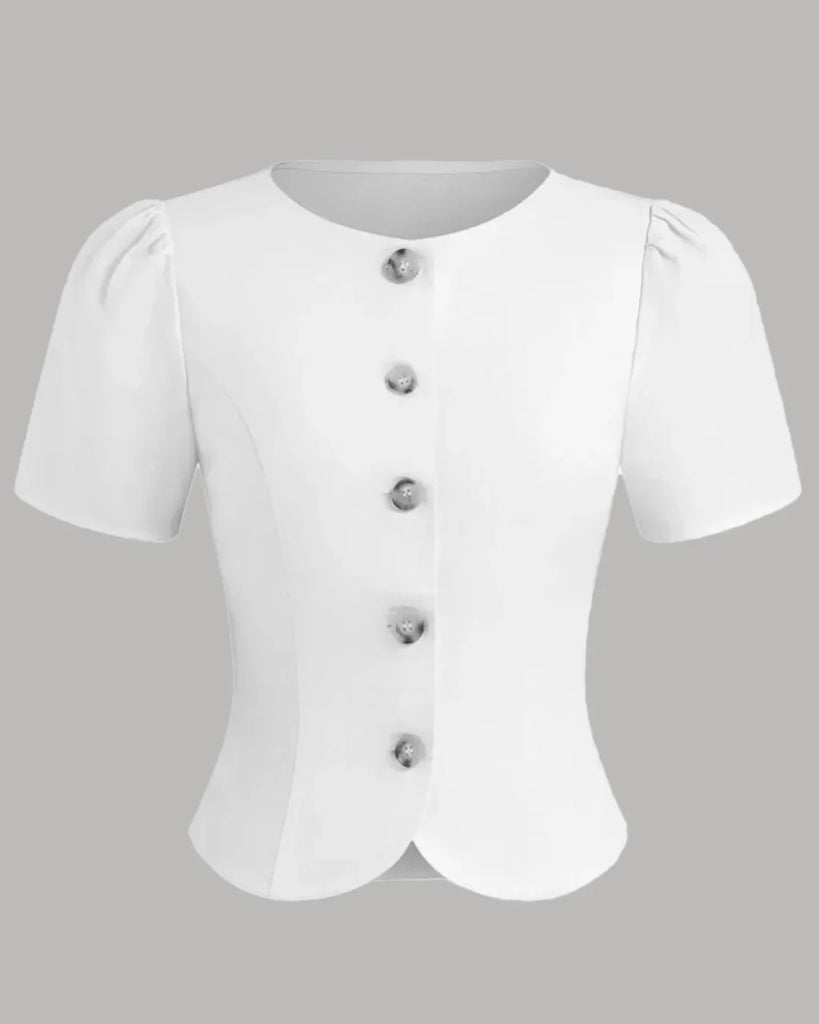 White fitted short sleeve blouse with front buttons, showcasing a classic and elegant design.