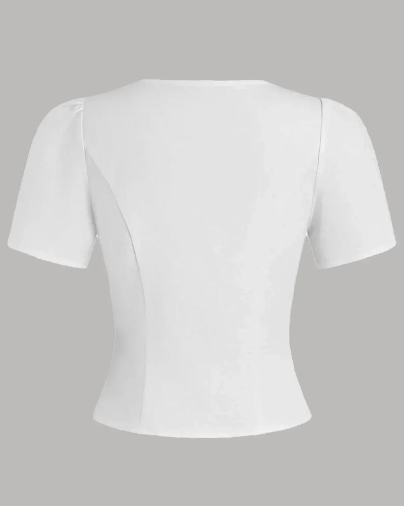 Back view of a White fitted short sleeve blouse with front buttons, showcasing a classic and elegant design.