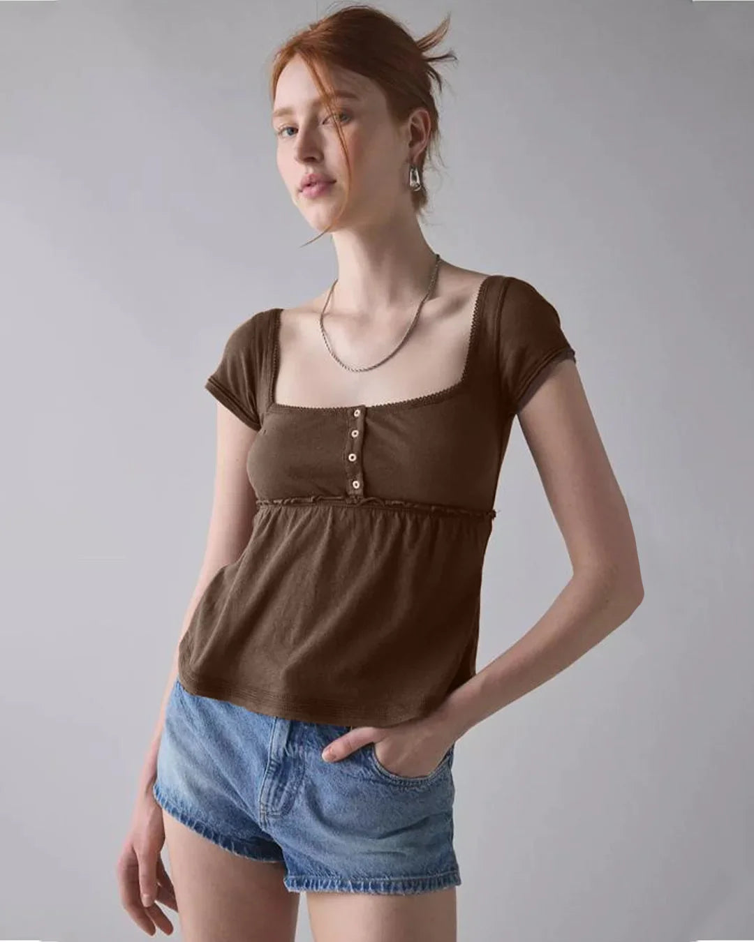 Button Front Square Neck Short Sleeve Top in Brown
