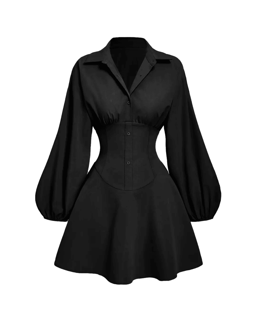 A fitted black shirt dress with long puffed sleeves and a button-down collar
