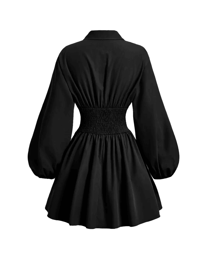 Back view of a fitted black shirt dress with long puffed sleeves and a button-down collar