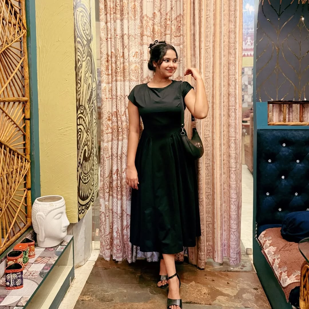 Customer photo 2 of Cap Sleeve Fit & Flare A-Line Midi Dress in Black