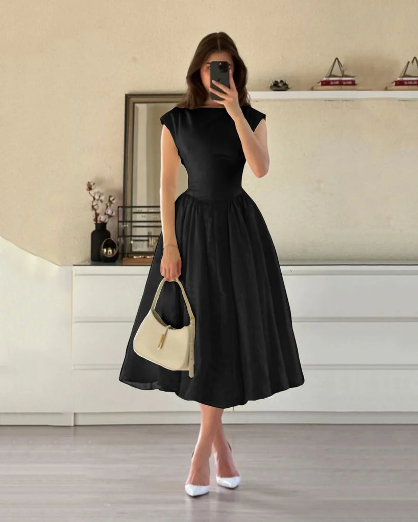 Fit & Flare A-Line Midi Dress in Black