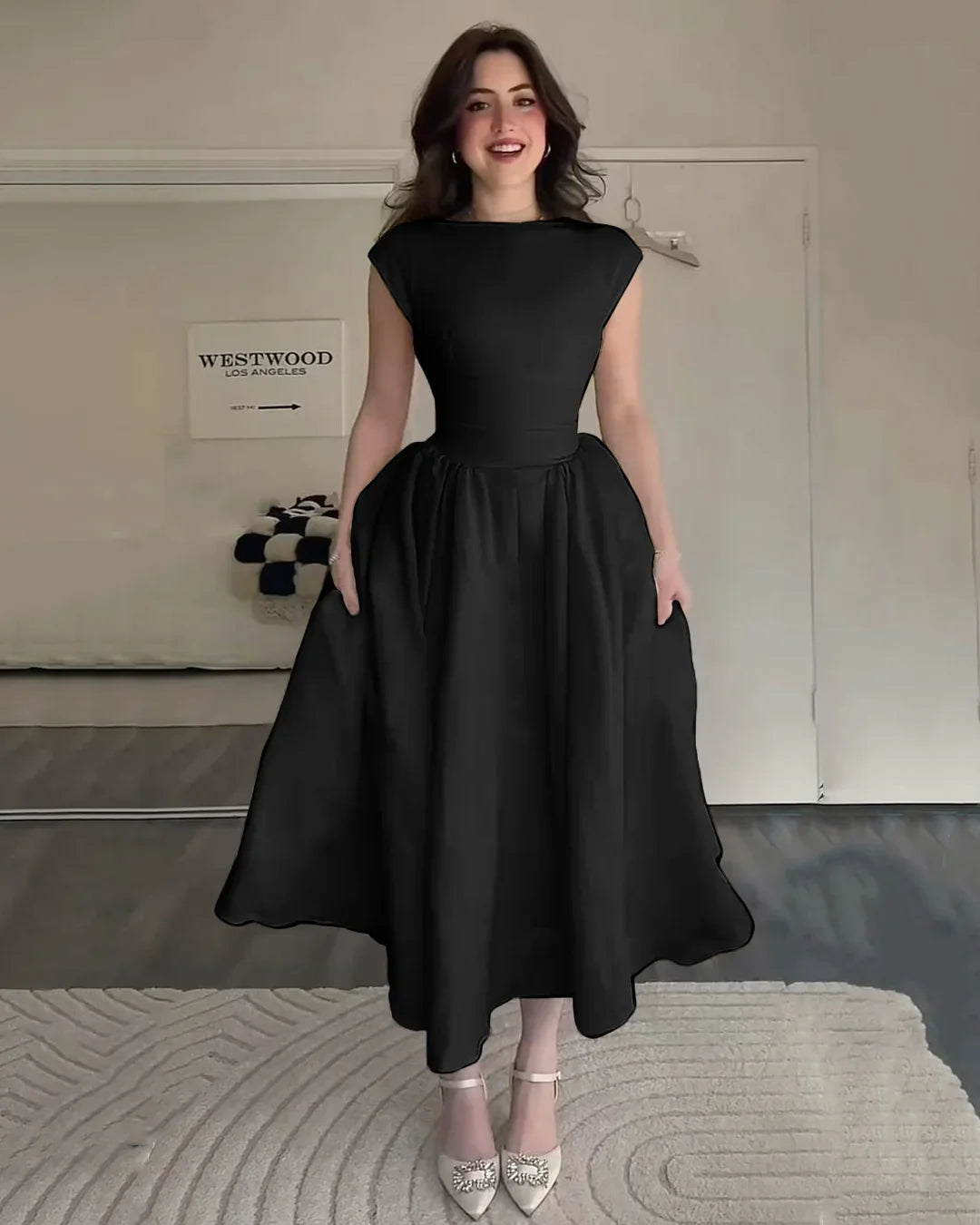Fit & Flare A-Line Midi Dress in Black