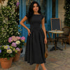 Cap Sleeve Fit & Flare A-Line Midi Dress in Black