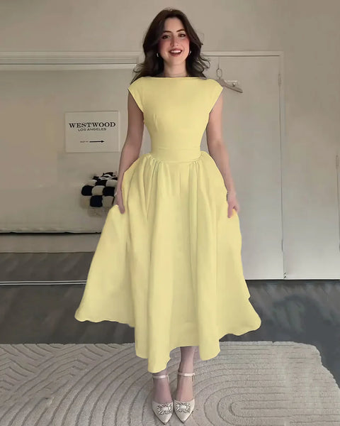 Cap Sleeve Fit & Flare A-Line Midi Dress in Vanilla Front View On Model for Women | Littlebox India