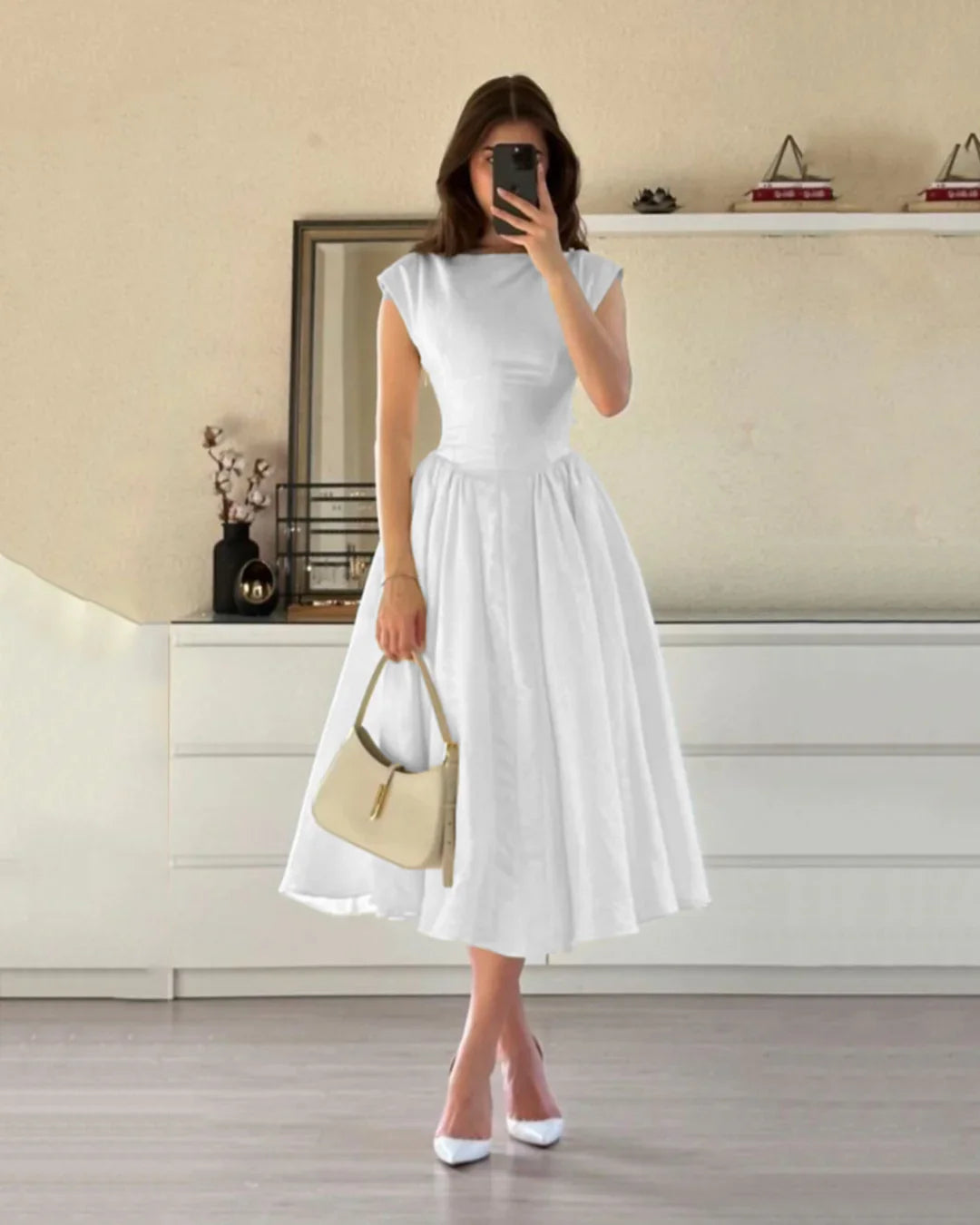 Fit & Flare A-Line Midi Dress in White