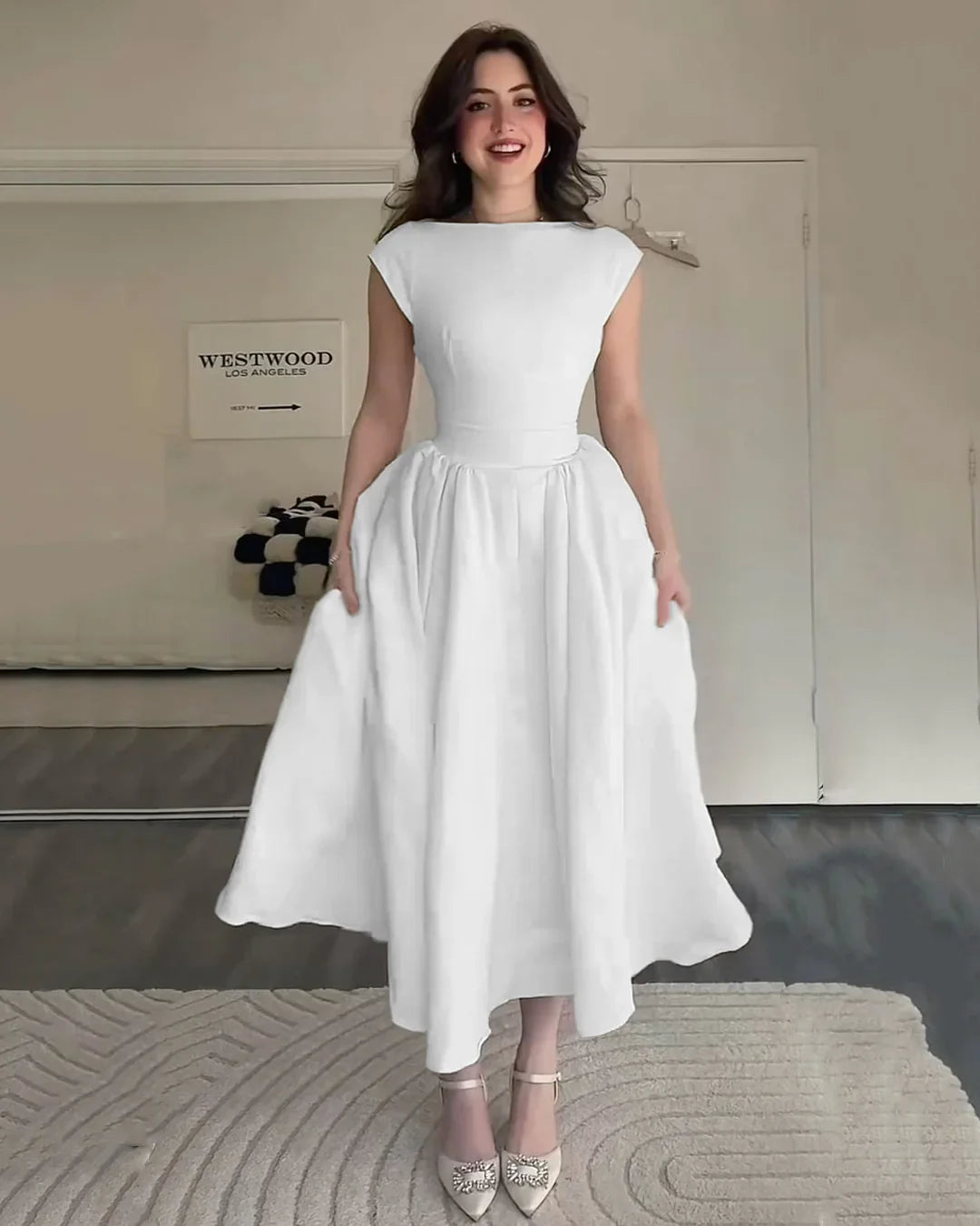 Fit & Flare A-Line Midi Dress in White