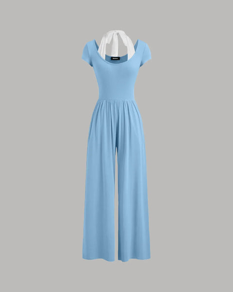 Cap Sleeve Tie Back Jumpsuit with White Inner Layer in Powder Blue Front View For Women | Littlebox India