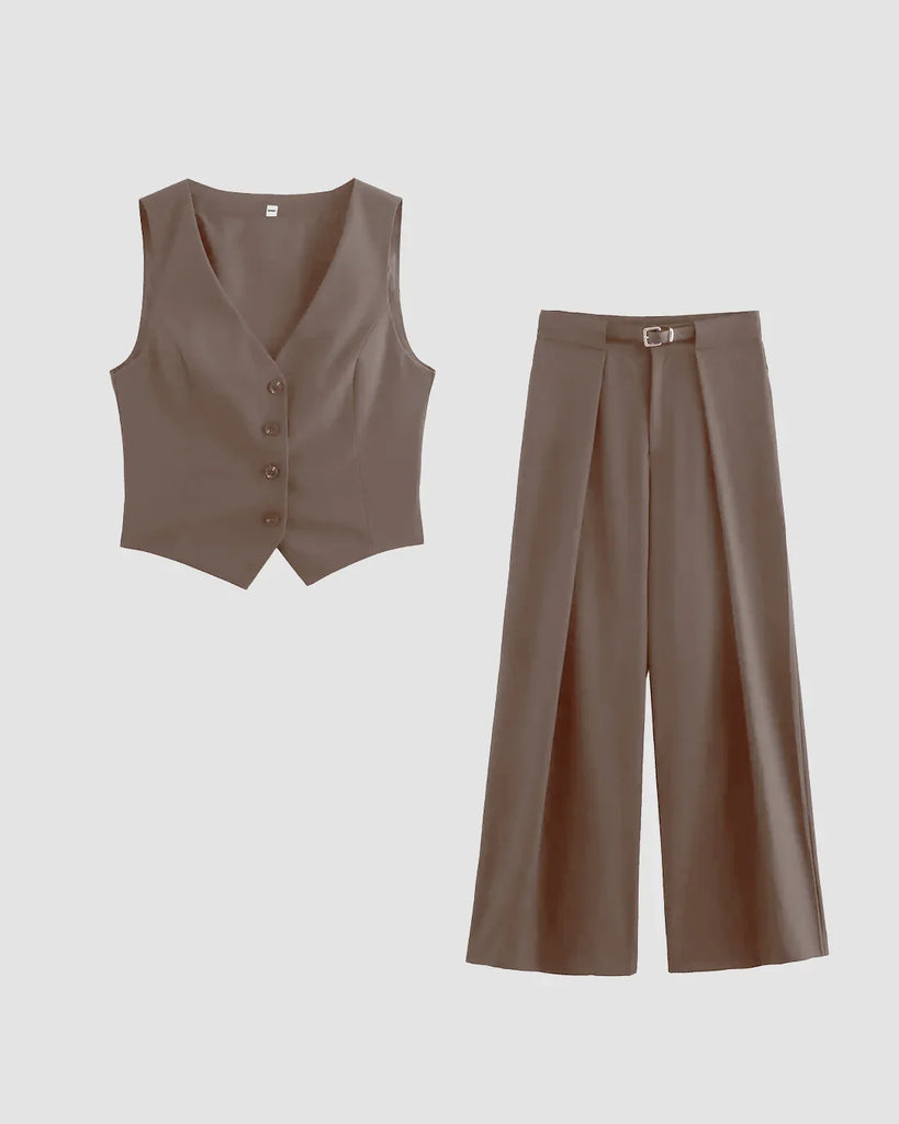 Brown cappuccino waistcoat and wide-leg trouser co-ord set, featuring a matching belt for a stylish look.