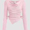 Casual Cowl Neck Ruched Side Tie Long Sleeve Top in Light Pink Front View For Women | Littlebox India