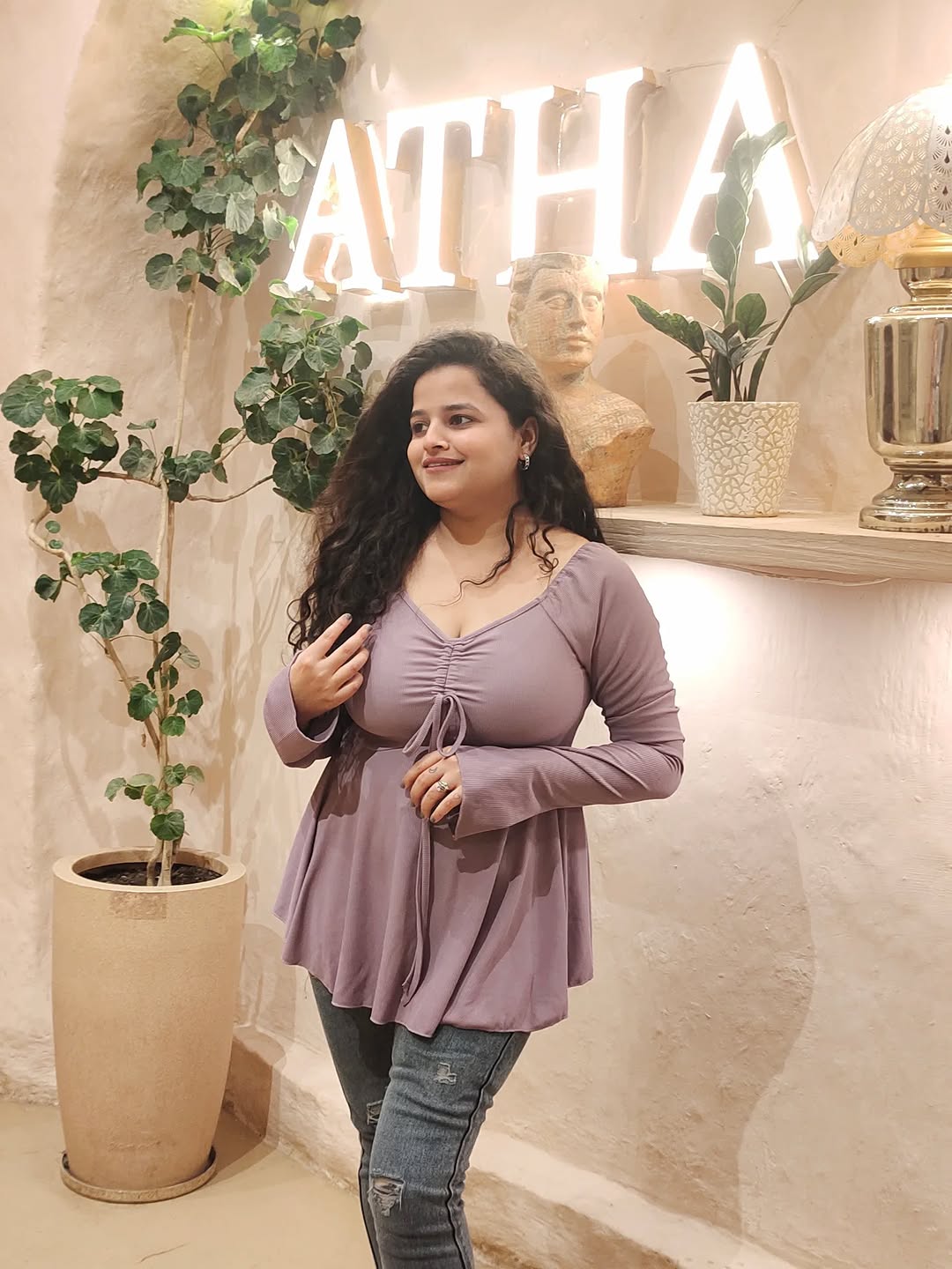 Customer photo 1 of Casual Square Neck Tie-Up Flared Long Sleeve Top in Purple