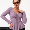 Casual Square Neck Tie-Up Flared Long Sleeve Top in Purple On Model For Women | Littlebox India