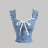 Front view of Blue gingham sleeveless crop top with wide straps, front tie-up detail, and fitted waist.