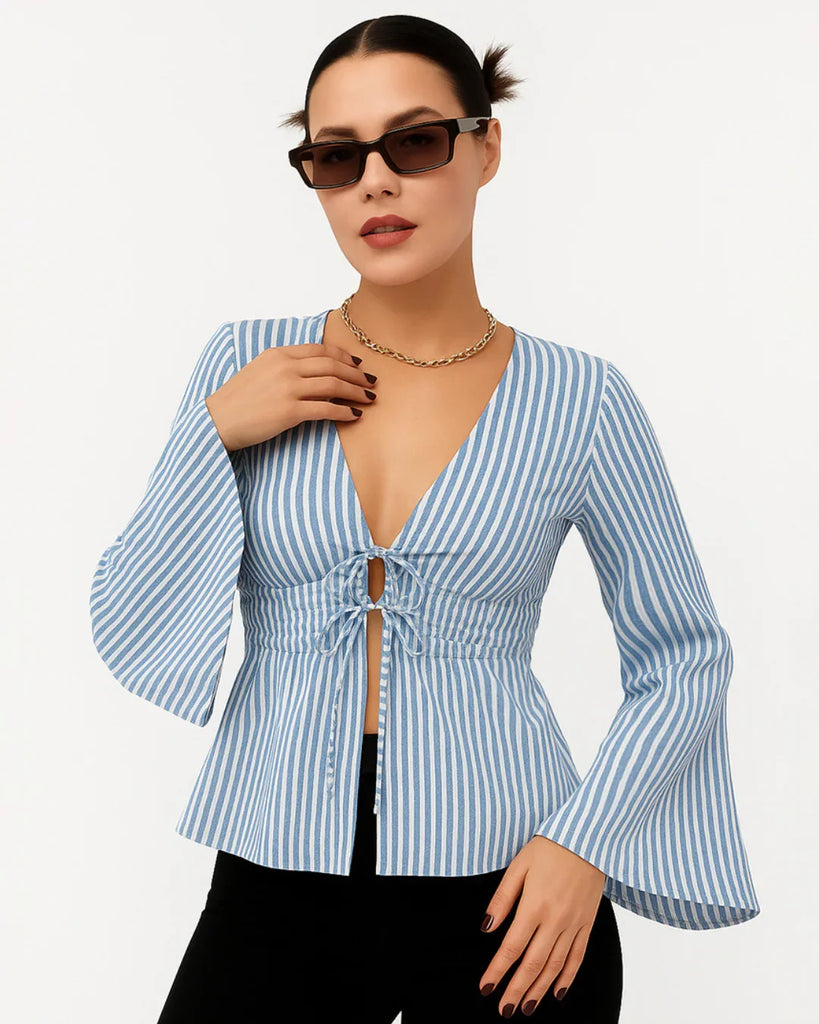 Blue & White Striped V Neck Bell Sleeve Knot Top – Littlebox India