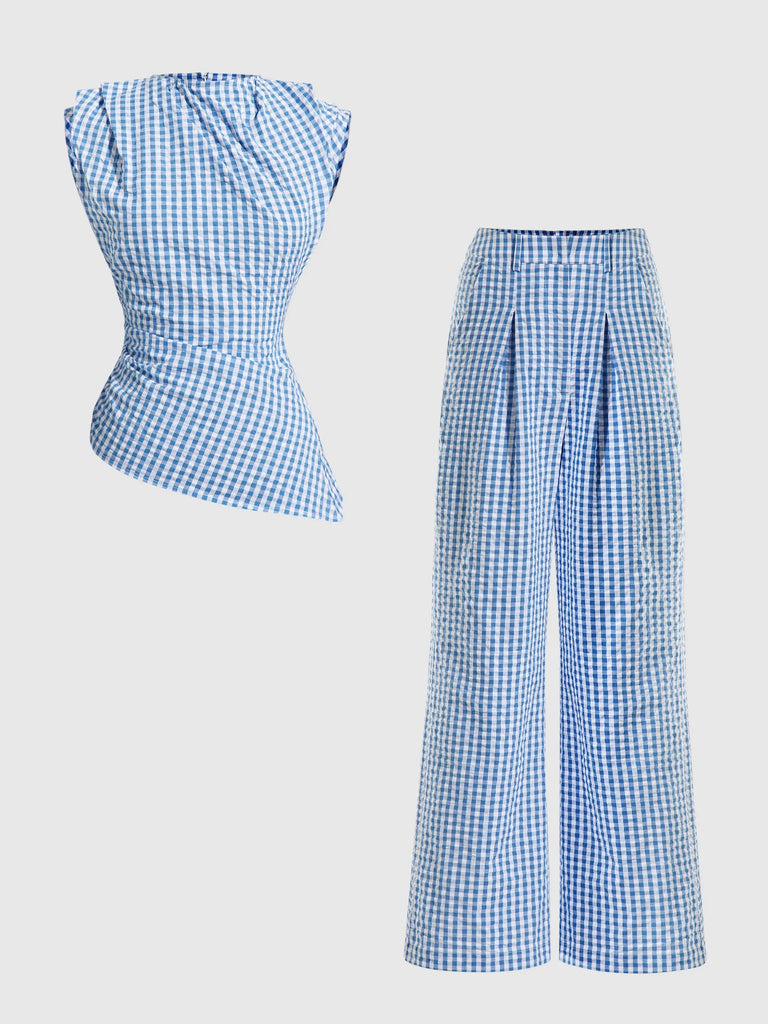 Blue and white gingham co-ord set featuring an asymmetric top and wide-leg trousers.