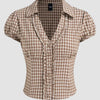 Checkered Collared Button Down Fitted Short Sleeve Top Front View for Women | Littlebox India