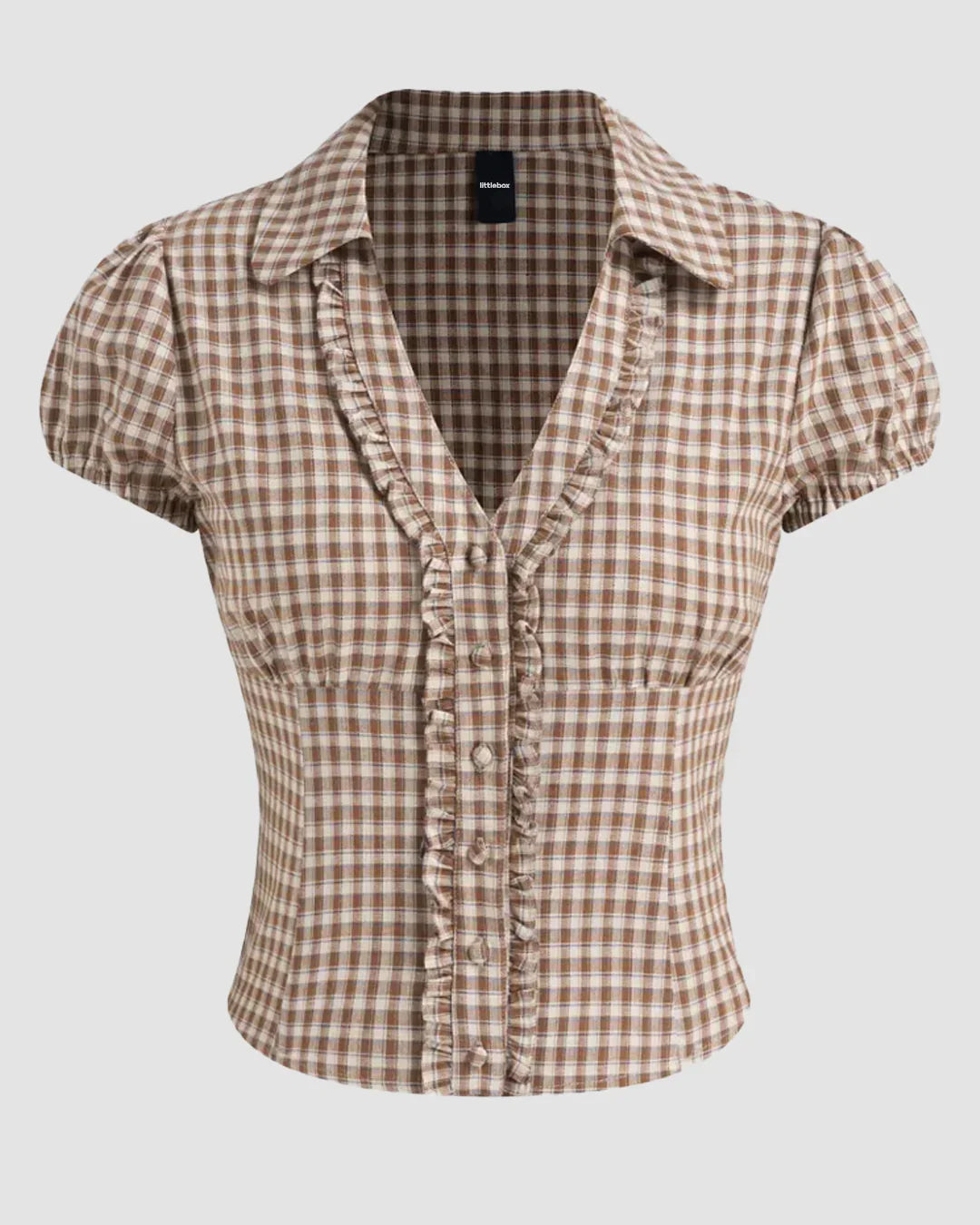 XS Checkered Collared Button Down Short Sleeve Top