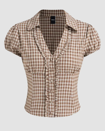Checkered Collared Button Down Fitted Short Sleeve Top Front View for Women | Littlebox India