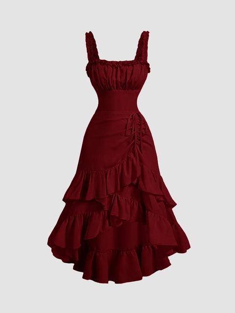 Cherry Ruched Square Neck Ruffle Midi Dress , showcasing ruffles and a stylish high-low hem design.