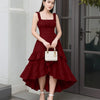 Cherry Ruched Square Neck Ruffle High-Low Midi Dress with Ruffle Hem On Model for Women | Littlebox India