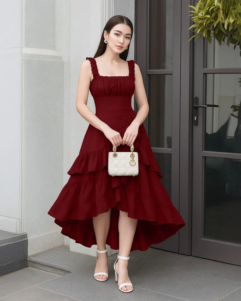 Cherry Ruched Square Neck Ruffle Midi Dress , showcasing ruffles and a stylish high-low hem design.