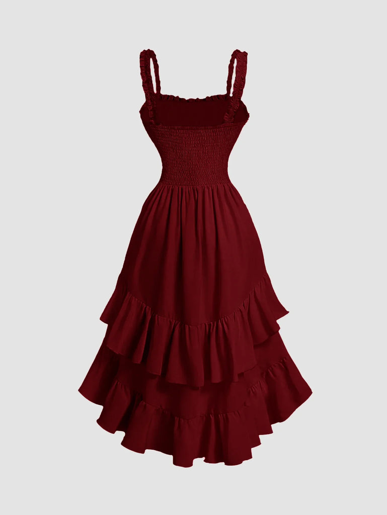 Back view of a Cherry Ruched Square Neck Ruffle Midi Dress , showcasing ruffles and a stylish high-low hem design.