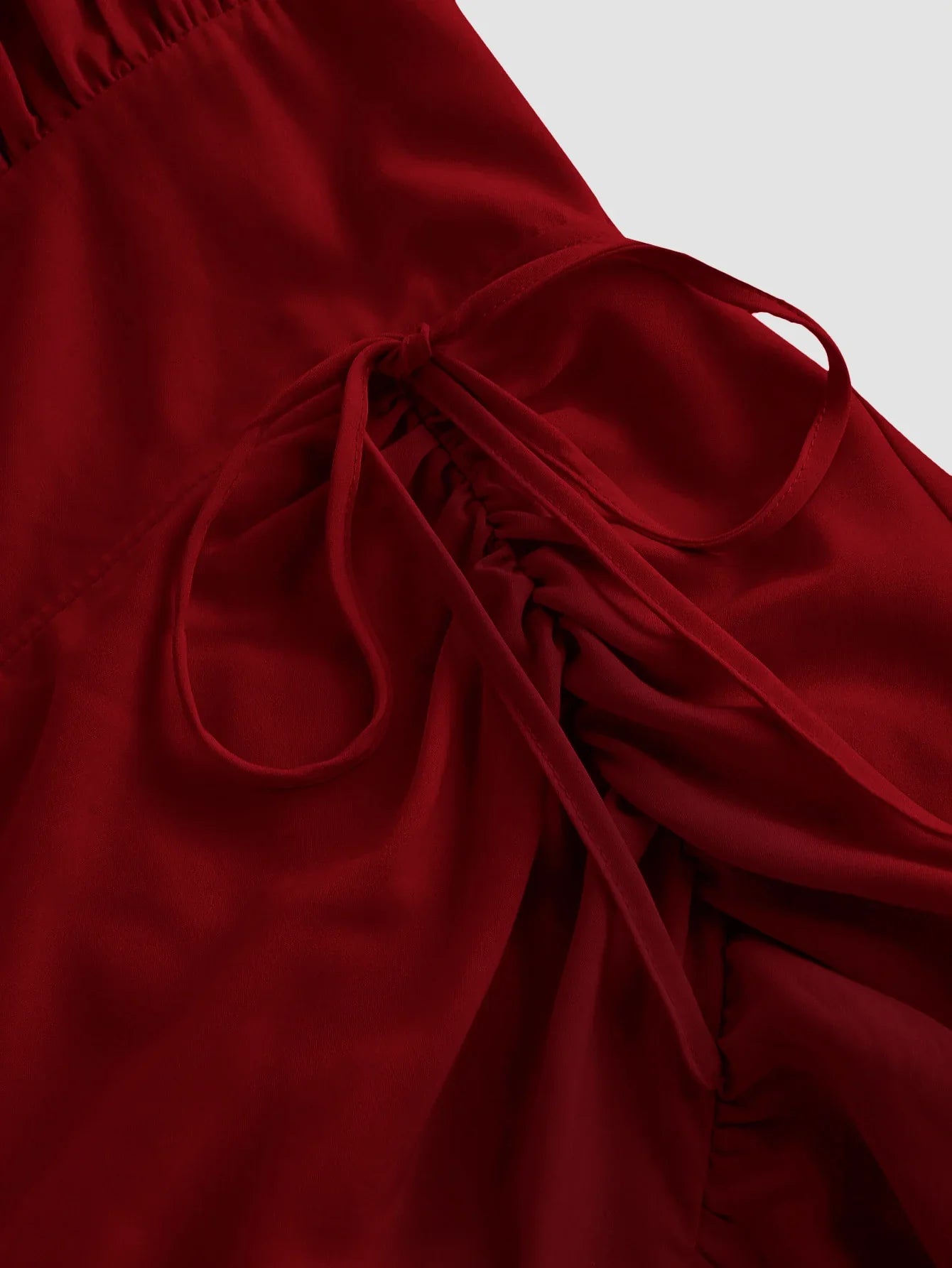 Ruched Square Neck Ruffle High-Low Midi Dress
