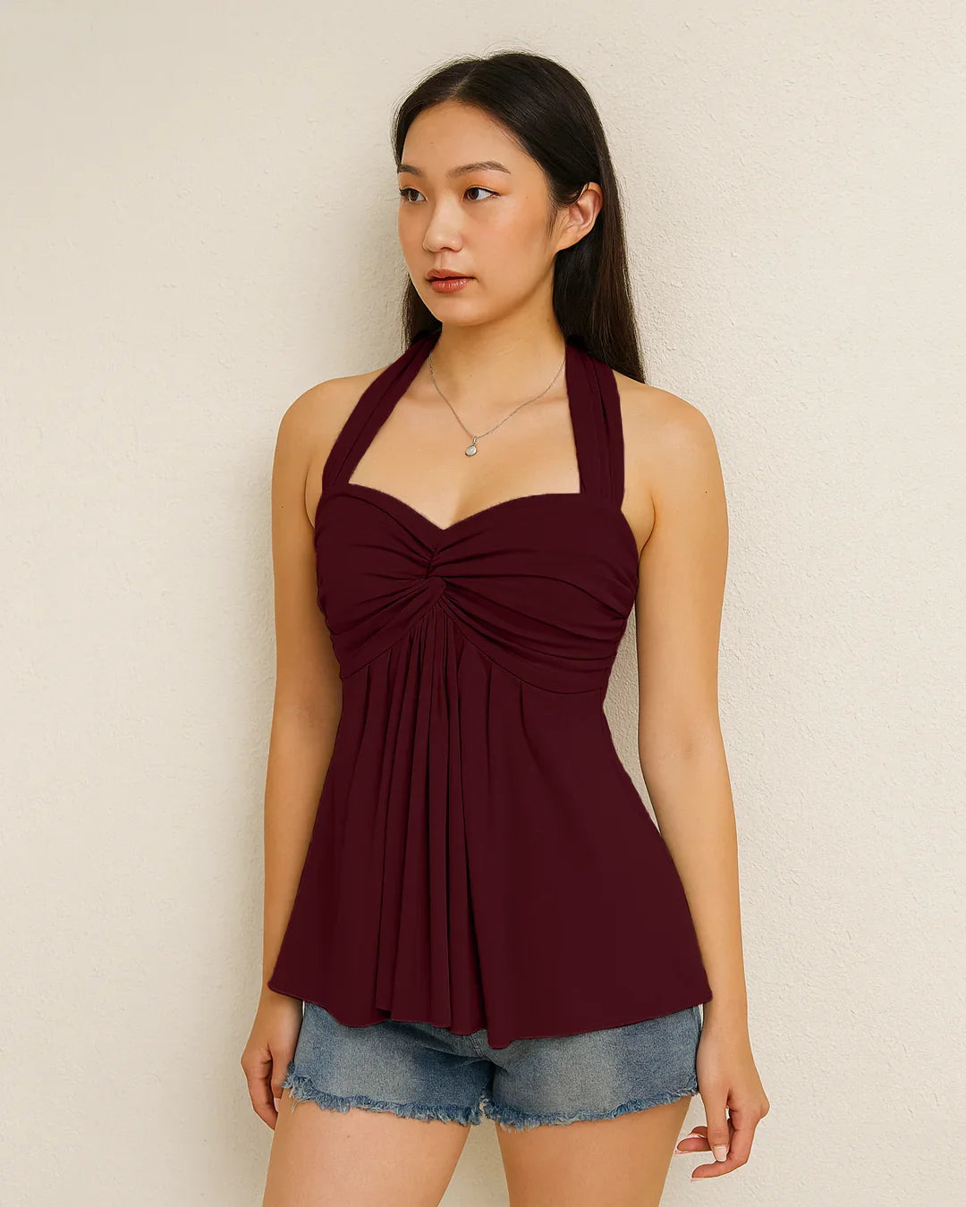 Cherry Twist Front Draped Halter Top - Littlebox India Cherry Twist Front Draped Halter Top - Littlebox India