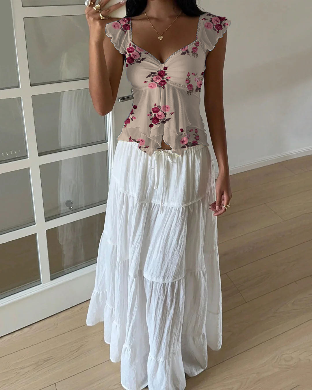 Bird Chest Ruffles Chest Ruffle Mesh Flare Sleeve Top- Littlebox India