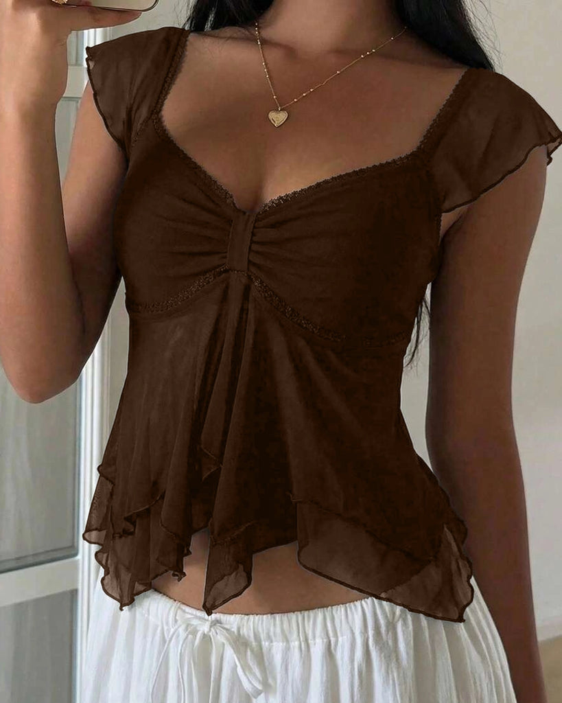 Mini Ruffle Mesh Tops Chest Ruffle Mesh Flare Sleeve Top in Cocoa Brown- Littlebox India