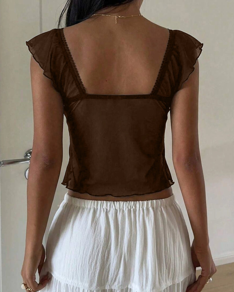 Chest Ruffle Mesh Flare Sleeve Top in Cocoa Brown- Littlebox India