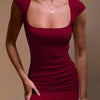 Chic Square Neckline Short Sleeve Mini Dress In Burgundy Front View for Women | Littlebox India