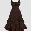 Chocolate Fondae Ruched Square Neck Ruffle High-Low Midi Dress with Ruffle Hem Front View for Women | Littlebox India