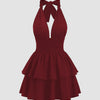 Cinched Waist Bow Halter Neck Mini Dress in Burgundy Front View for Women | Littlebox India